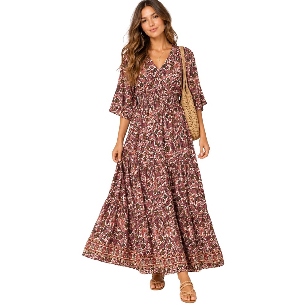 Anthropologie Boemo Dress Small Maxi Paisley Floral Tiered Bell Sleeve Boho